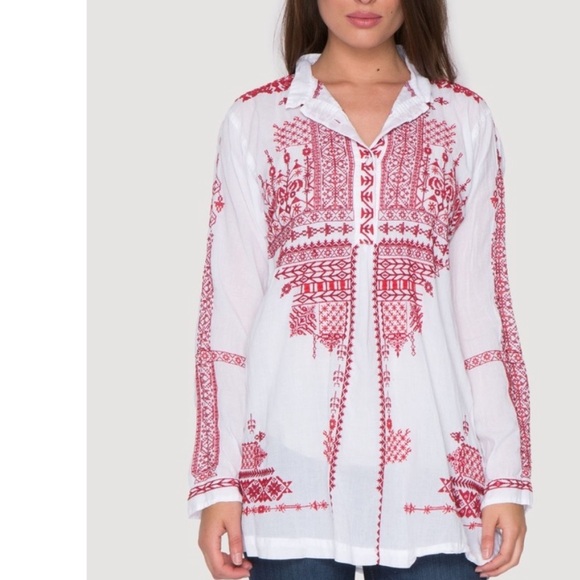 Johnny Was Biya Nadya White Red Embroidered Boho Tunic Top Size Small - Picture 1 of 13